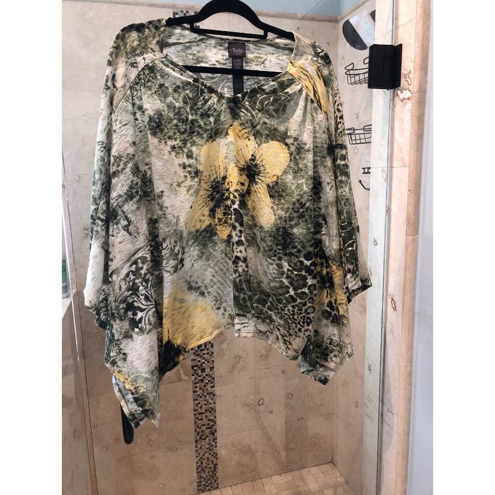 CHICO'S TRAVELERS Tan Yellow Green Knit Poncho Sweater 2 L XL